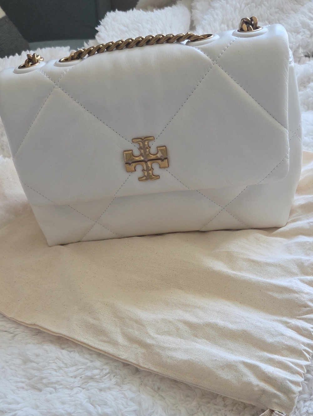 Tory Burch Kira Quilted Convertible White Shoulder Bag Gold Hardware